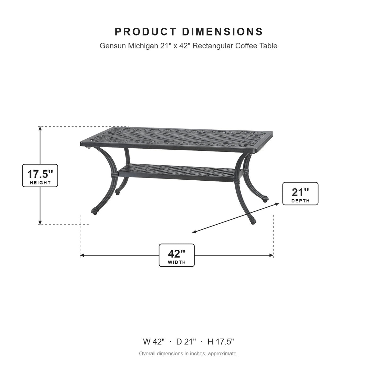 Gensun Michigan 21" x 42" Rectangular Coffee Table dimensions: 42 in W x 21 in D x 17.5 in H