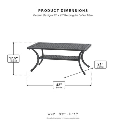 Gensun Michigan 21" x 42" Rectangular Coffee Table dimensions: 42 in W x 21 in D x 17.5 in H