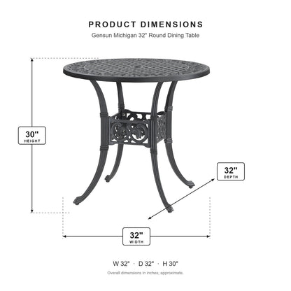 Gensun Michigan 32" Round Dining Table dimensions: 32 in W x 32 in D x 30 in H
