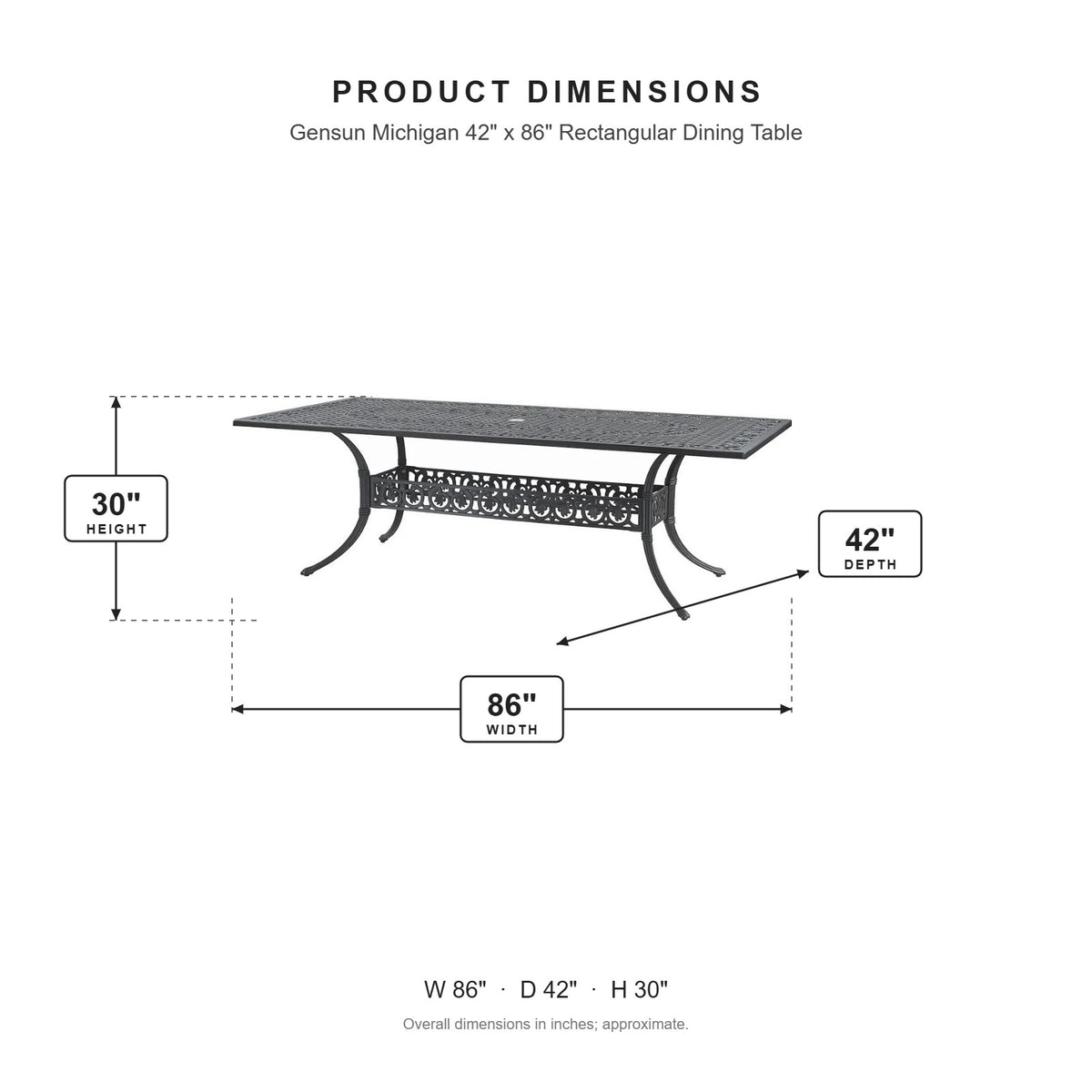Gensun Michigan 42" x 86" Rectangular Dining Table dimensions: 86 in W x 42 in D x 30 in H