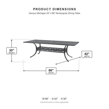 Gensun Michigan 42" x 86" Rectangular Dining Table dimensions: 86 in W x 42 in D x 30 in H