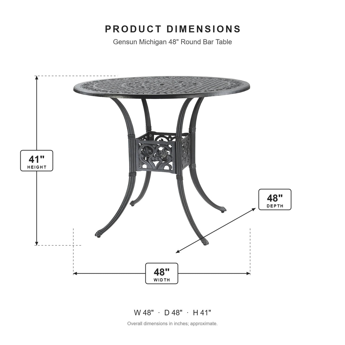 Gensun Michigan 48" Round Bar Table dimensions: 48 in W x 48 in D x 41 in H