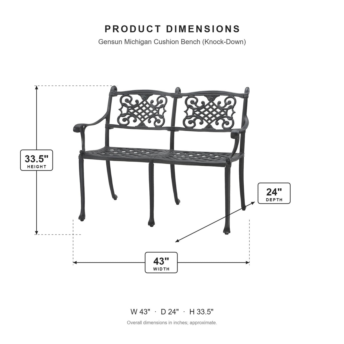 Gensun Michigan Cushion Bench (Knock-Down) dimensions: 43 in W x 24 in D x 33.5 in H