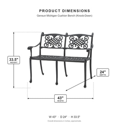 Gensun Michigan Cushion Bench (Knock-Down) dimensions: 43 in W x 24 in D x 33.5 in H
