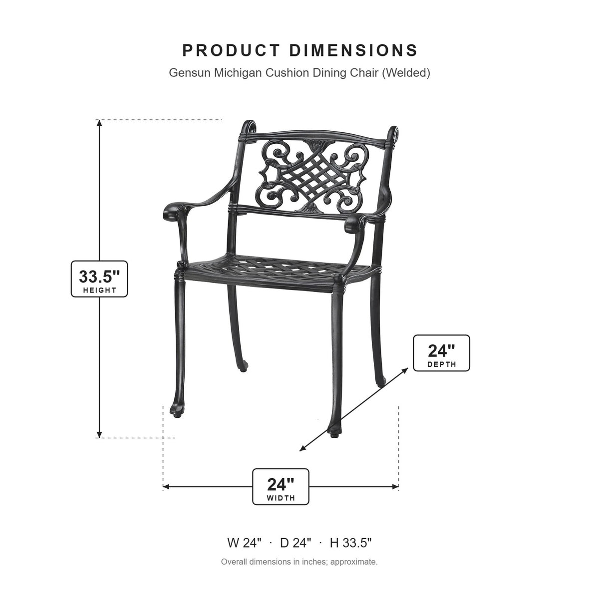 Gensun Michigan Cushion Dining Chair (Welded) dimensions: 24 in W x 24 in D x 33.5 in H