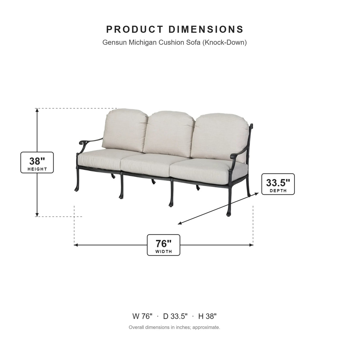 Gensun Michigan Cushion Sofa (Knock-Down) dimensions: 76 in W x 33.5 in D x 38 in H