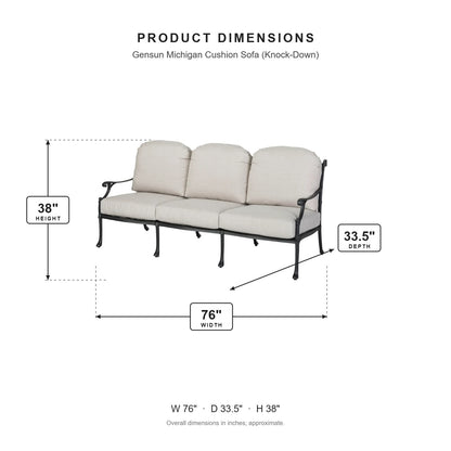 Gensun Michigan Cushion Sofa (Knock-Down) dimensions: 76 in W x 33.5 in D x 38 in H