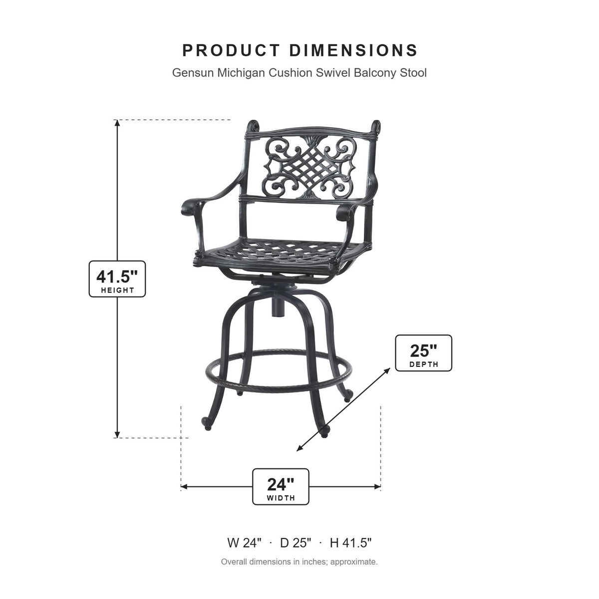 Gensun Michigan Cushion Swivel Balcony Stool dimensions: 24 in W x 25 in D x 41.5 in H