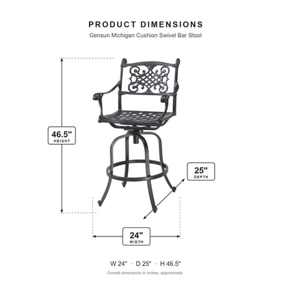 Gensun Michigan Cushion Swivel Bar Stool dimensions: 24 in W x 25 in D x 46.5 in H