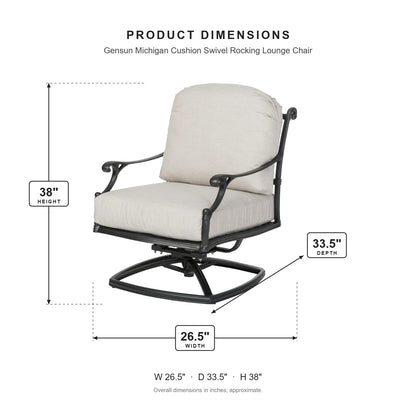 Gensun Michigan Cushion Swivel Rocking Lounge Chair dimensions: 26.5 in W x 33.5 in D x 38 in H