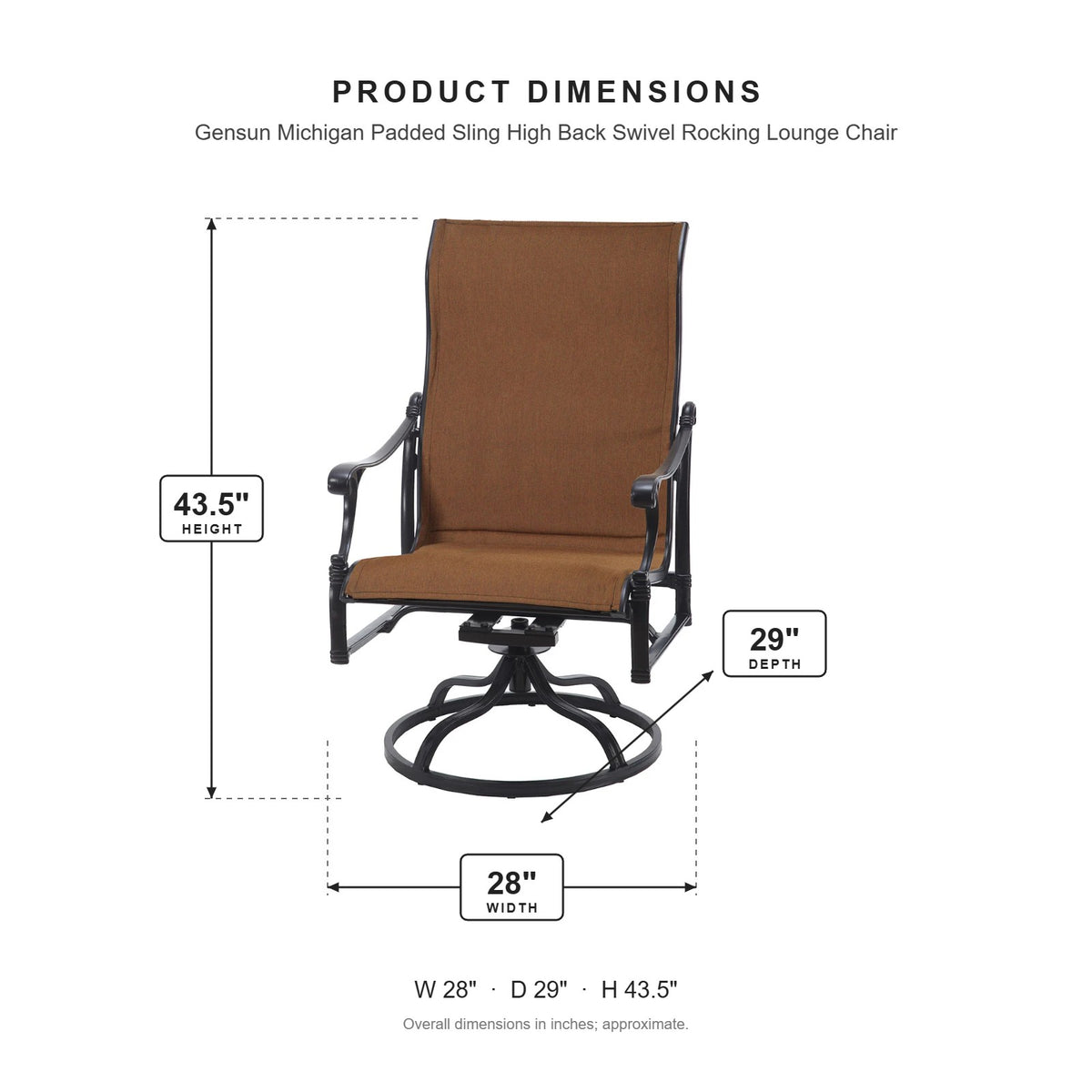 Gensun Michigan Padded Sling High Back Swivel Rocking Lounge Chair dimensions: 28 in W x 29 in D x 43.5 in H