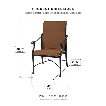 Gensun Michigan Padded Sling Standard Back Dining Chair dimensions: 24 in W x 28.5 in D x 38.5 in H