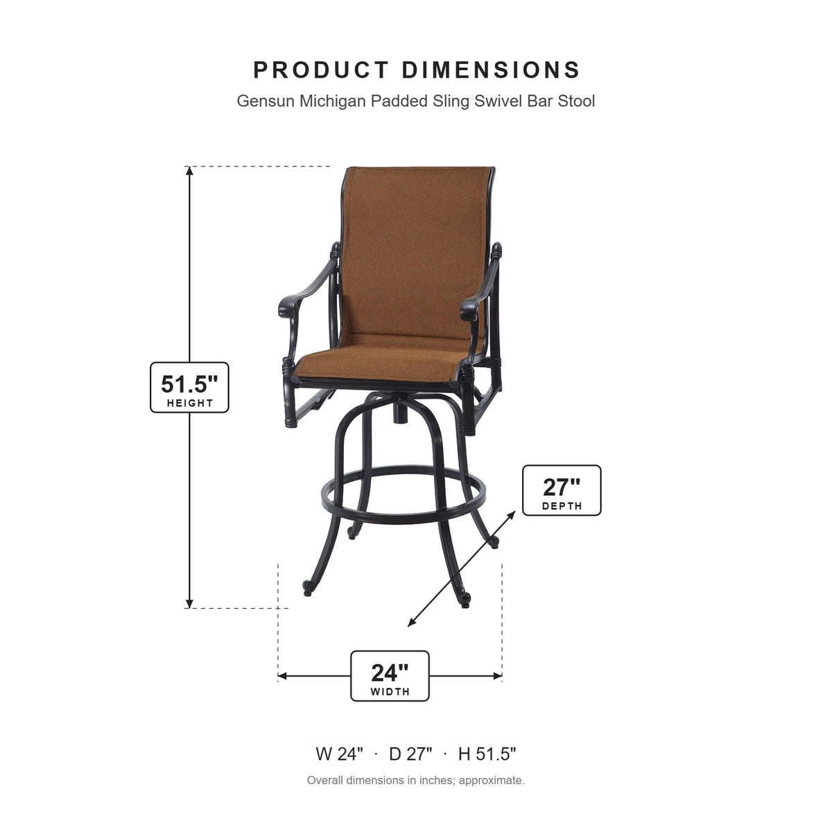 Gensun Michigan Padded Sling Swivel Bar Stool dimensions: 24 in W x 27 in D x 51.5 in H