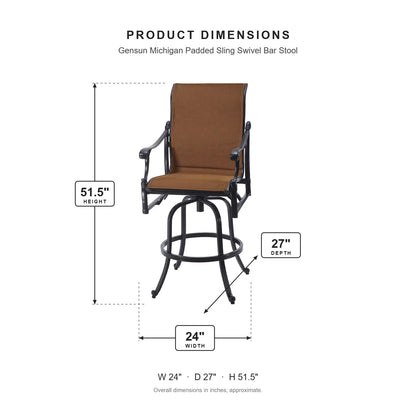 Gensun Michigan Padded Sling Swivel Bar Stool dimensions: 24 in W x 27 in D x 51.5 in H