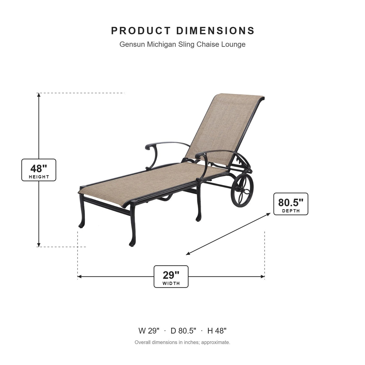 Gensun Michigan Sling Chaise Lounge dimensions: 29 in W x 80.5 in D x 48 in H