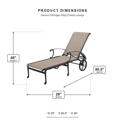 Gensun Michigan Sling Chaise Lounge dimensions: 29 in W x 80.5 in D x 48 in H