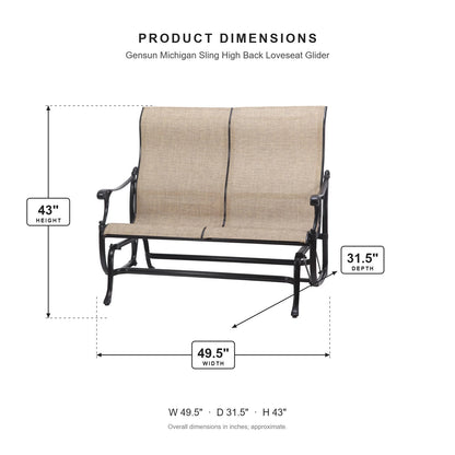 Gensun Michigan Sling High Back Loveseat Glider dimensions: 49.5 in W x 31.5 in D x 43 in H