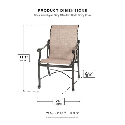 Gensun Michigan Sling Standard Back Dining Chair dimensions: 24 in W x 28.5 in D x 38.5 in H