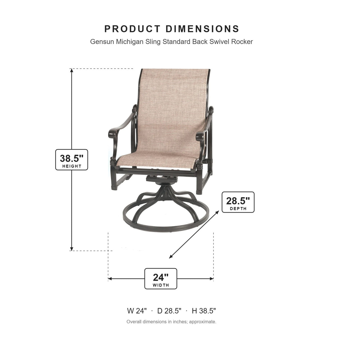 Gensun Michigan Sling Standard Back Swivel Rocker dimensions: 24 in W x 28.5 in D x 38.5 in H