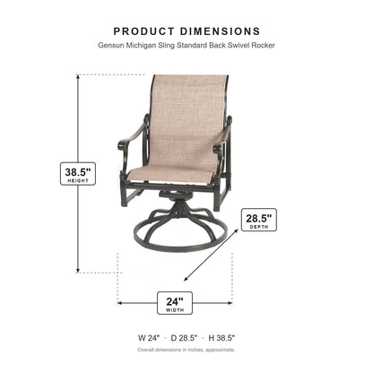 Gensun Michigan Sling Standard Back Swivel Rocker dimensions: 24 in W x 28.5 in D x 38.5 in H