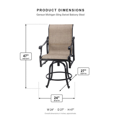 Gensun Michigan Sling Swivel Balcony Stool dimensions: 24 in W x 27 in D x 47 in H