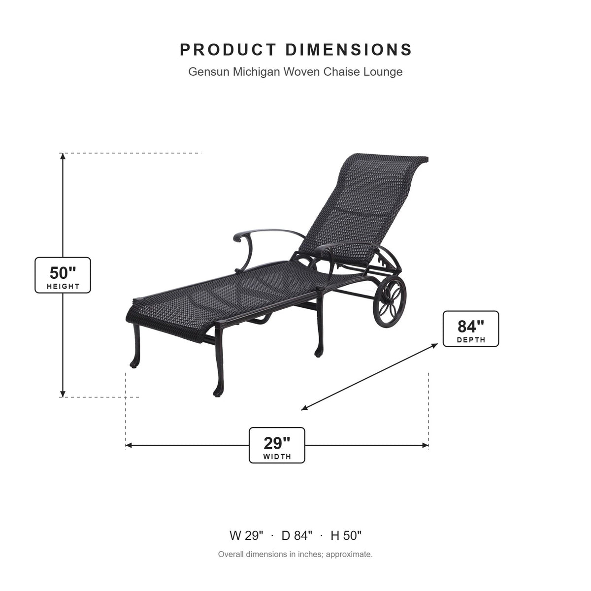Gensun Michigan Woven Chaise Lounge dimensions: 29 in W x 84 in D x 50 in H