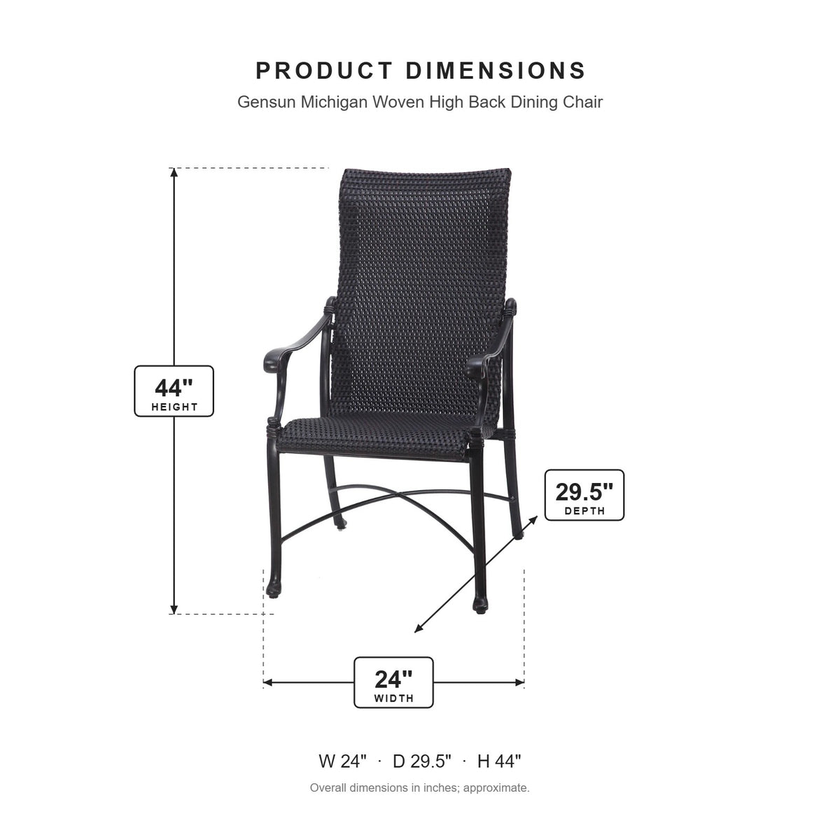 Gensun Michigan Woven High Back Dining Chair dimensions: 24 in W x 29.5 in D x 44 in H