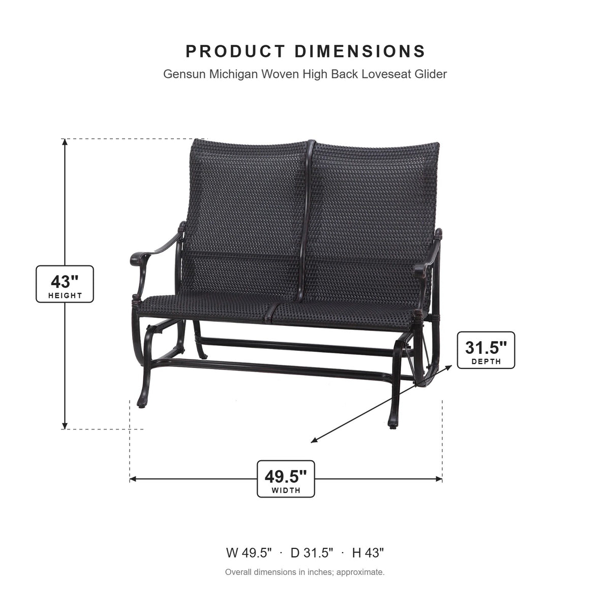 Gensun Michigan Woven High Back Loveseat Glider dimensions: 49.5 in W x 31.5 in D x 43 in H