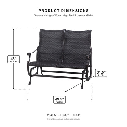 Gensun Michigan Woven High Back Loveseat Glider dimensions: 49.5 in W x 31.5 in D x 43 in H