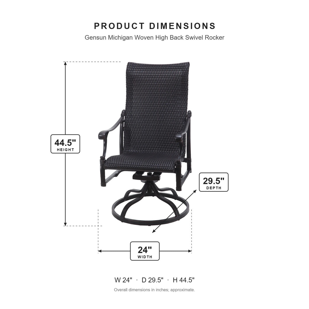 Gensun Michigan Woven High Back Swivel Rocker dimensions: 24 in W x 29.5 in D x 44.5 in H