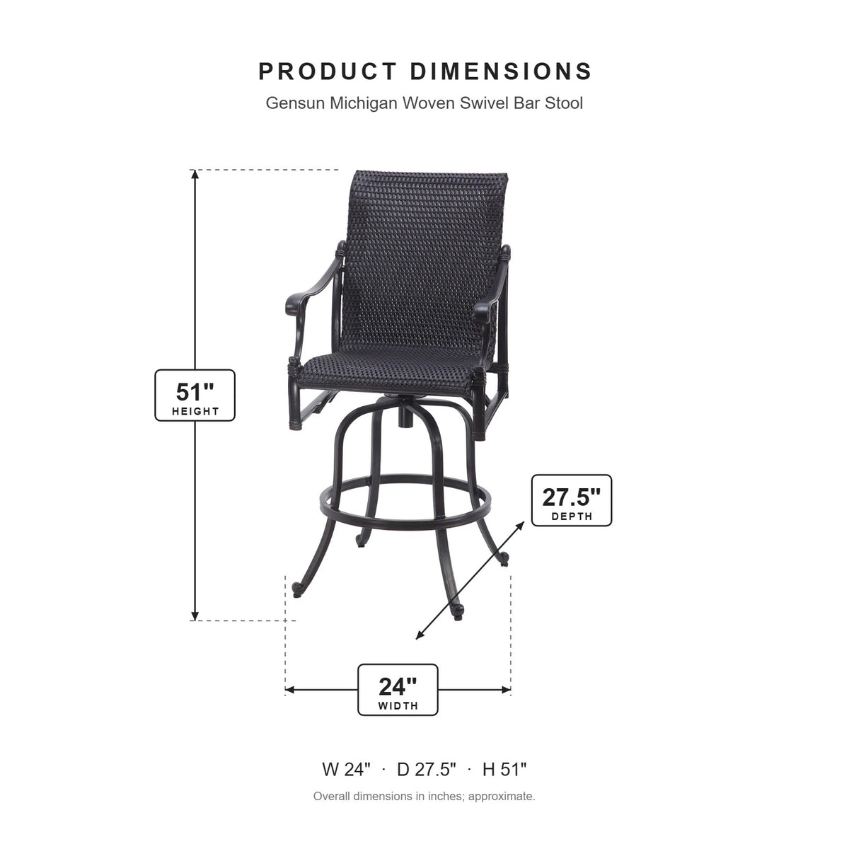 Gensun Michigan Woven Swivel Bar Stool dimensions: 24 in W x 27.5 in D x 51 in H