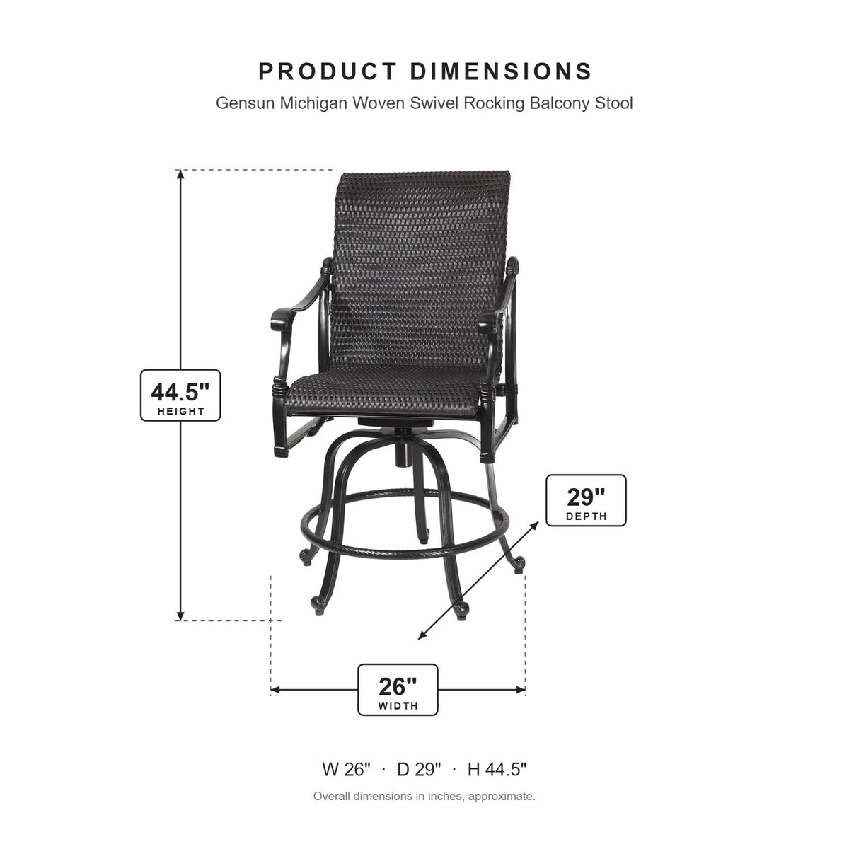 Gensun Michigan Woven Swivel Rocking Balcony Stool dimensions: 26 in W x 29 in D x 44.5 in H