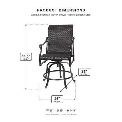Gensun Michigan Woven Swivel Rocking Balcony Stool dimensions: 26 in W x 29 in D x 44.5 in H