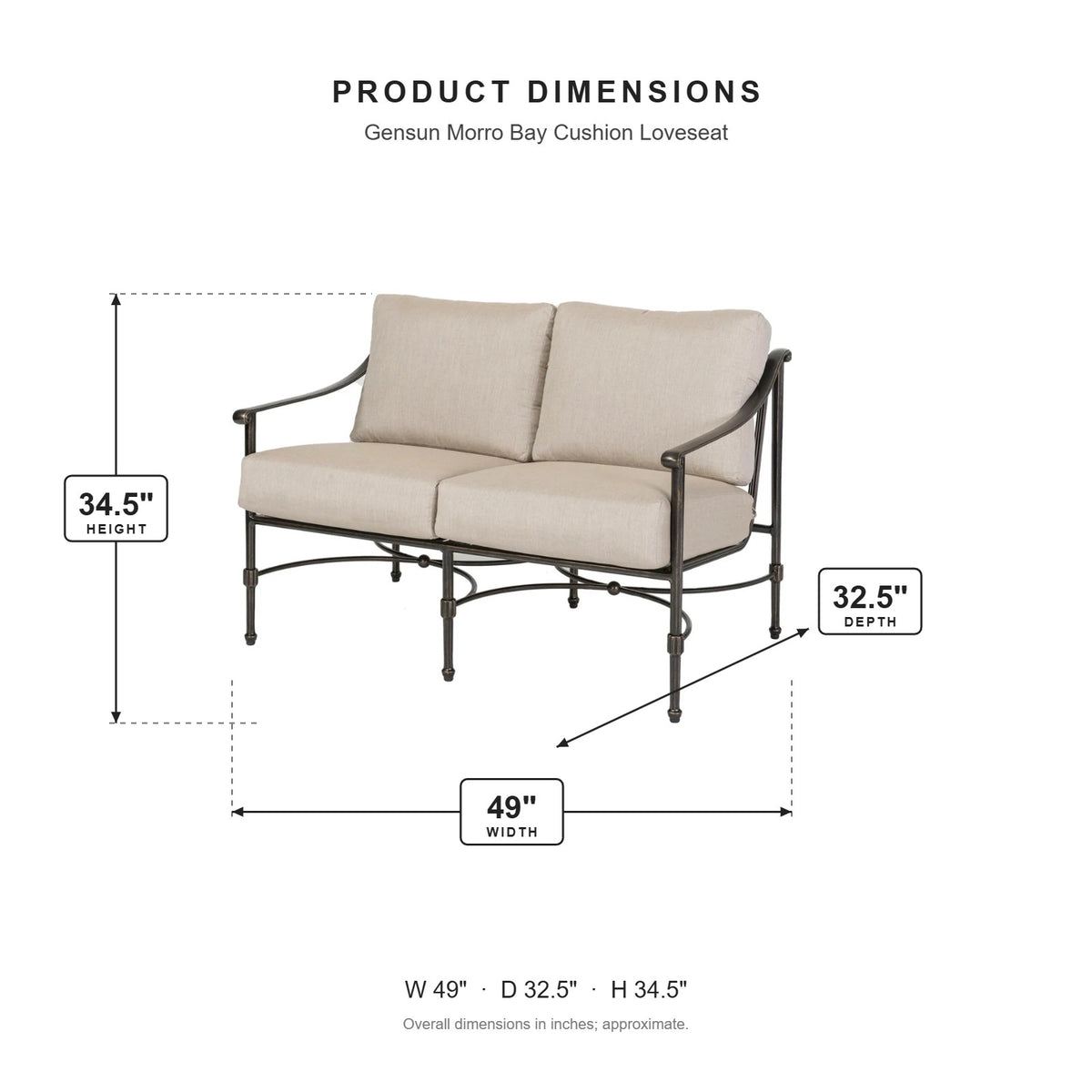 Gensun Morro Bay Cushion Loveseat dimensions: 49 in W x 32.5 in D x 34.5 in H