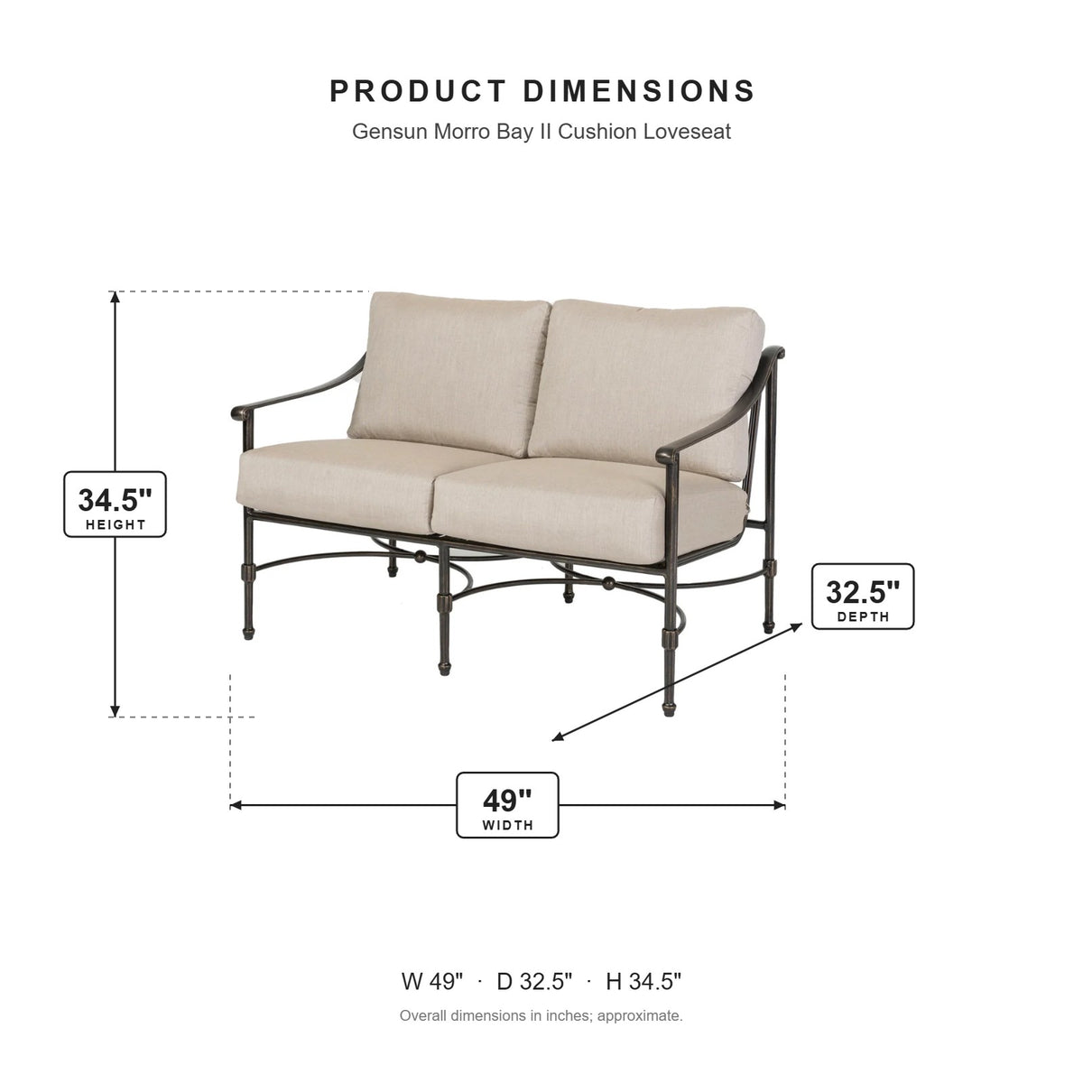 Gensun Morro Bay II Cushion Loveseat dimensions: 49 in W x 32.5 in D x 34.5 in H