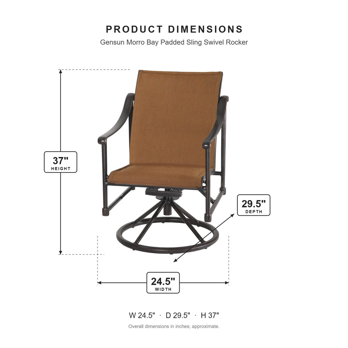 Gensun Morro Bay Padded Sling Swivel Rocker dimensions: 24.5 in W x 29.5 in D x 37 in H