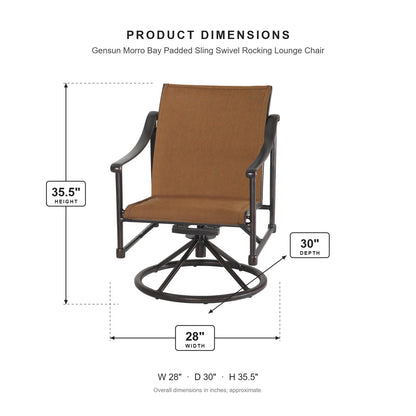 Gensun Morro Bay Padded Sling Swivel Rocking Lounge Chair dimensions: 28 in W x 30 in D x 35.5 in H