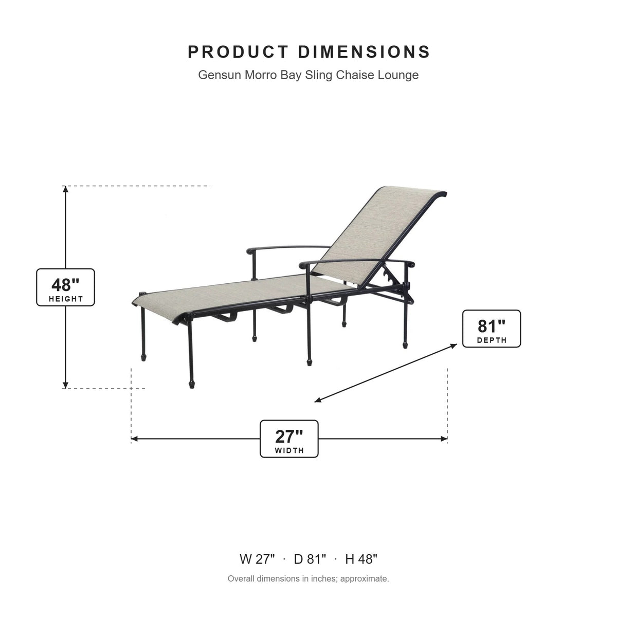 Gensun Morro Bay Sling Chaise Lounge dimensions: 27 in W x 81 in D x 48 in H