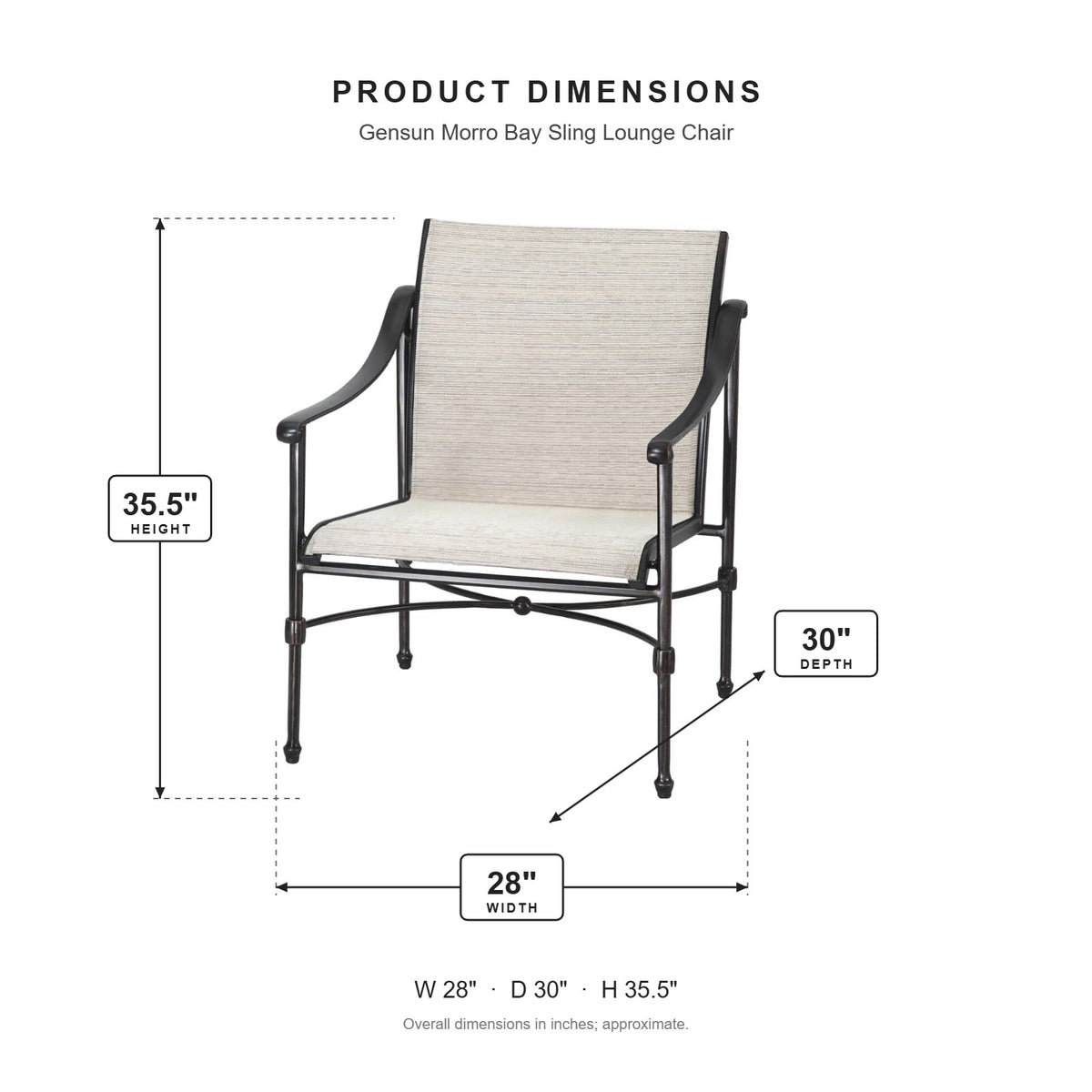 Gensun Morro Bay Sling Lounge Chair dimensions: 28 in W x 30 in D x 35.5 in H
