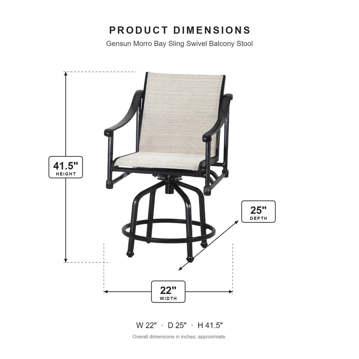 Gensun Morro Bay Sling Swivel Balcony Stool dimensions: 22 in W x 25 in D x 41.5 in H