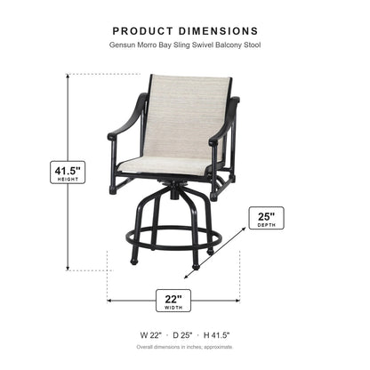 Gensun Morro Bay Sling Swivel Balcony Stool dimensions: 22 in W x 25 in D x 41.5 in H