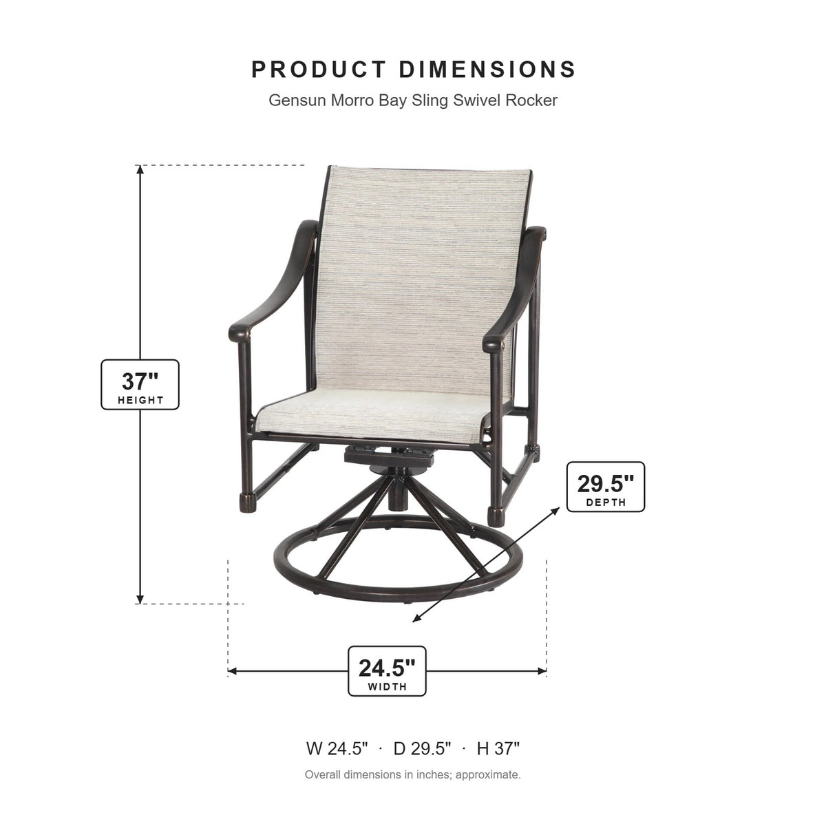 Gensun Morro Bay Sling Swivel Rocker dimensions: 24.5 in W x 29.5 in D x 37 in H