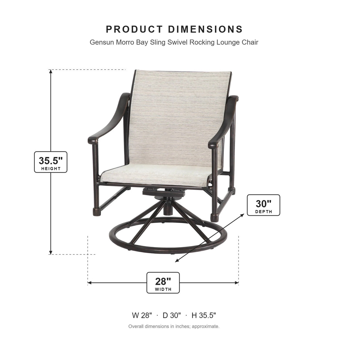 Gensun Morro Bay Sling Swivel Rocking Lounge Chair dimensions: 28 in W x 30 in D x 35.5 in H