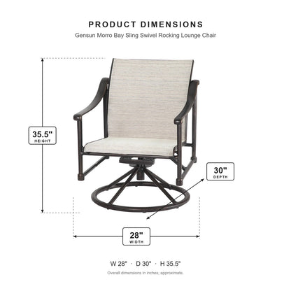 Gensun Morro Bay Sling Swivel Rocking Lounge Chair dimensions: 28 in W x 30 in D x 35.5 in H