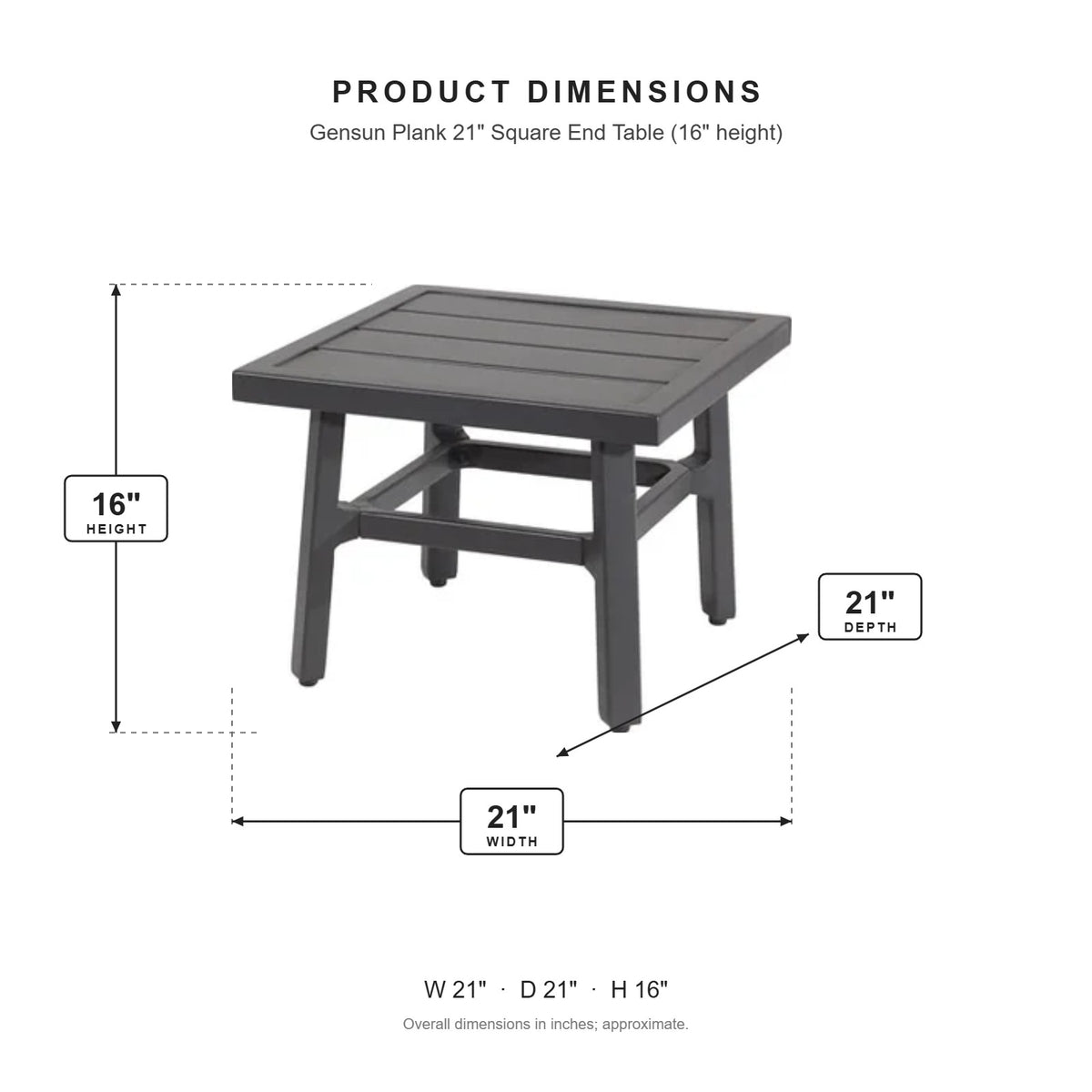 Gensun Plank 21" Square End Table (16" height) dimensions: 21 in W x 21 in D x 16 in H