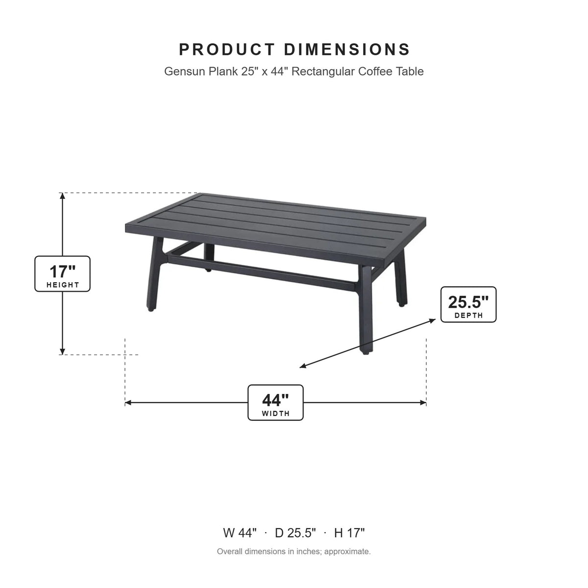 Gensun Plank 25" x 44" Rectangular Coffee Table dimensions: 44 in W x 25.5 in D x 17 in H
