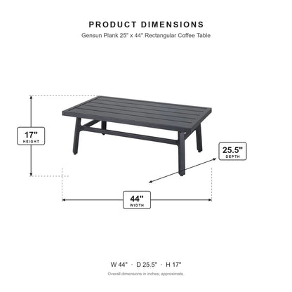 Gensun Plank 25" x 44" Rectangular Coffee Table dimensions: 44 in W x 25.5 in D x 17 in H