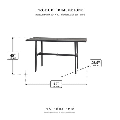 Gensun Plank 25" x 72" Rectangular Bar Table dimensions: 72 in W x 25.5 in D x 40 in H
