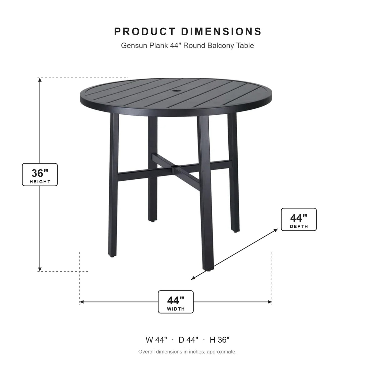 Gensun Plank 44" Round Balcony Table dimensions: 44 in W x 44 in D x 36 in H