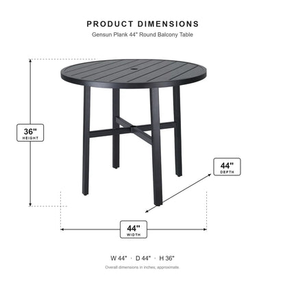 Gensun Plank 44" Round Balcony Table dimensions: 44 in W x 44 in D x 36 in H